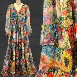 Woodland fairy wildflower long dress prairie sheer balloon sleeve tiered ruffle